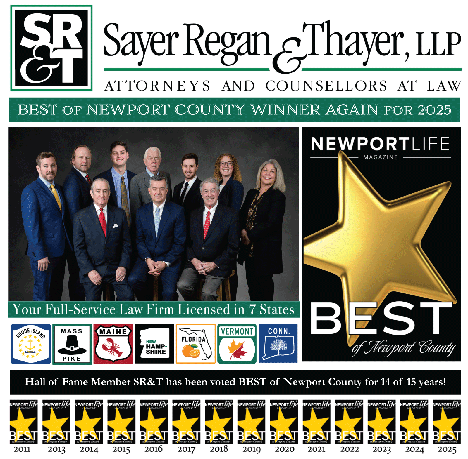 Sayer Regan & Thayer attorneys group photo bordered by 14 "Best of Newport" Award badges
